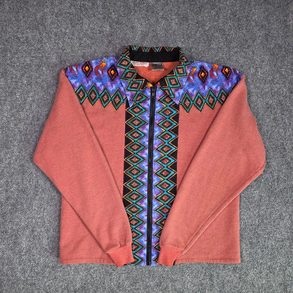 Vintage 90s Handmade Southwestern Kokopelli Zip Sweatshirt Jacket Large Aztec